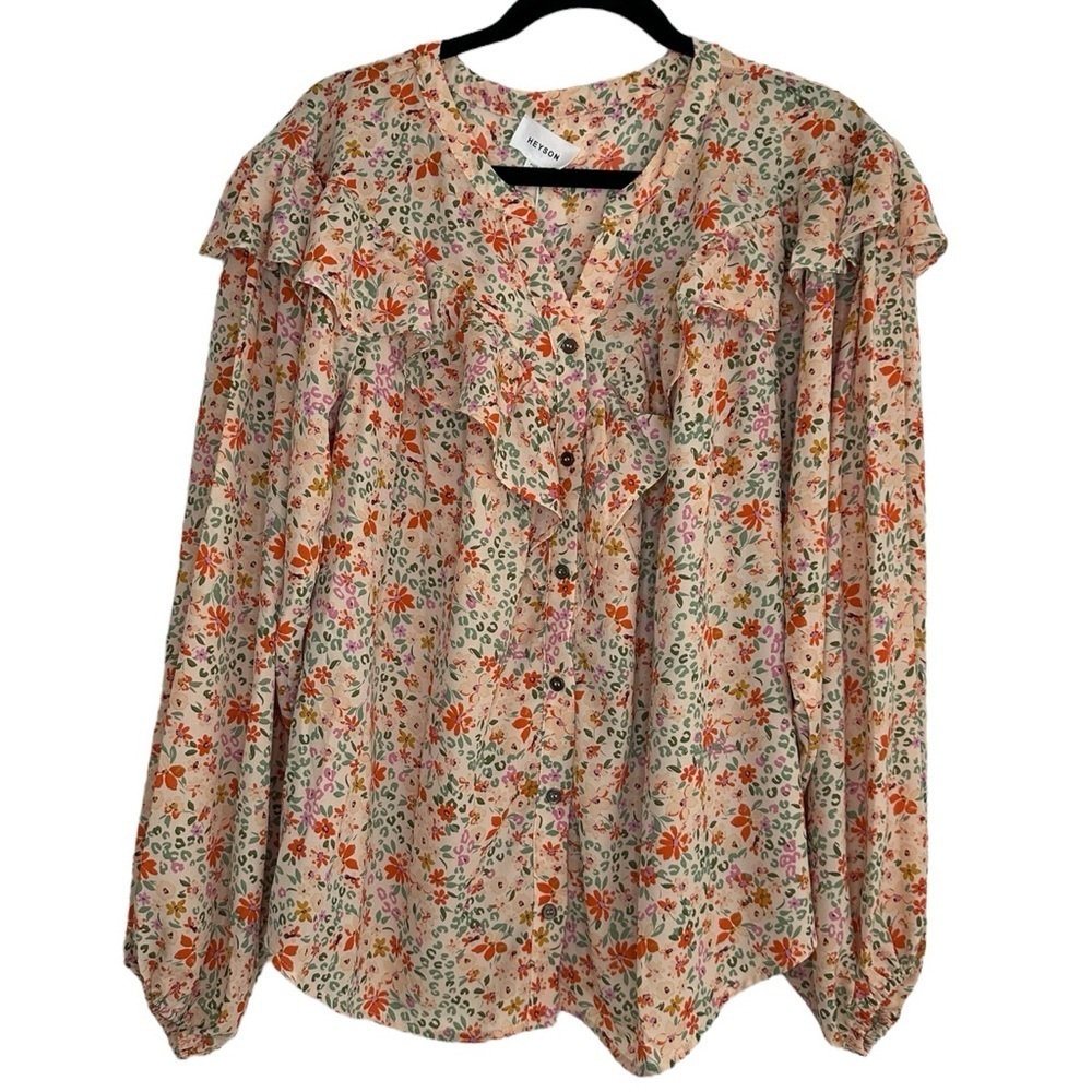 Heyson Peach Floral Button Down Long Sleeve Blouse Size Medium NWT